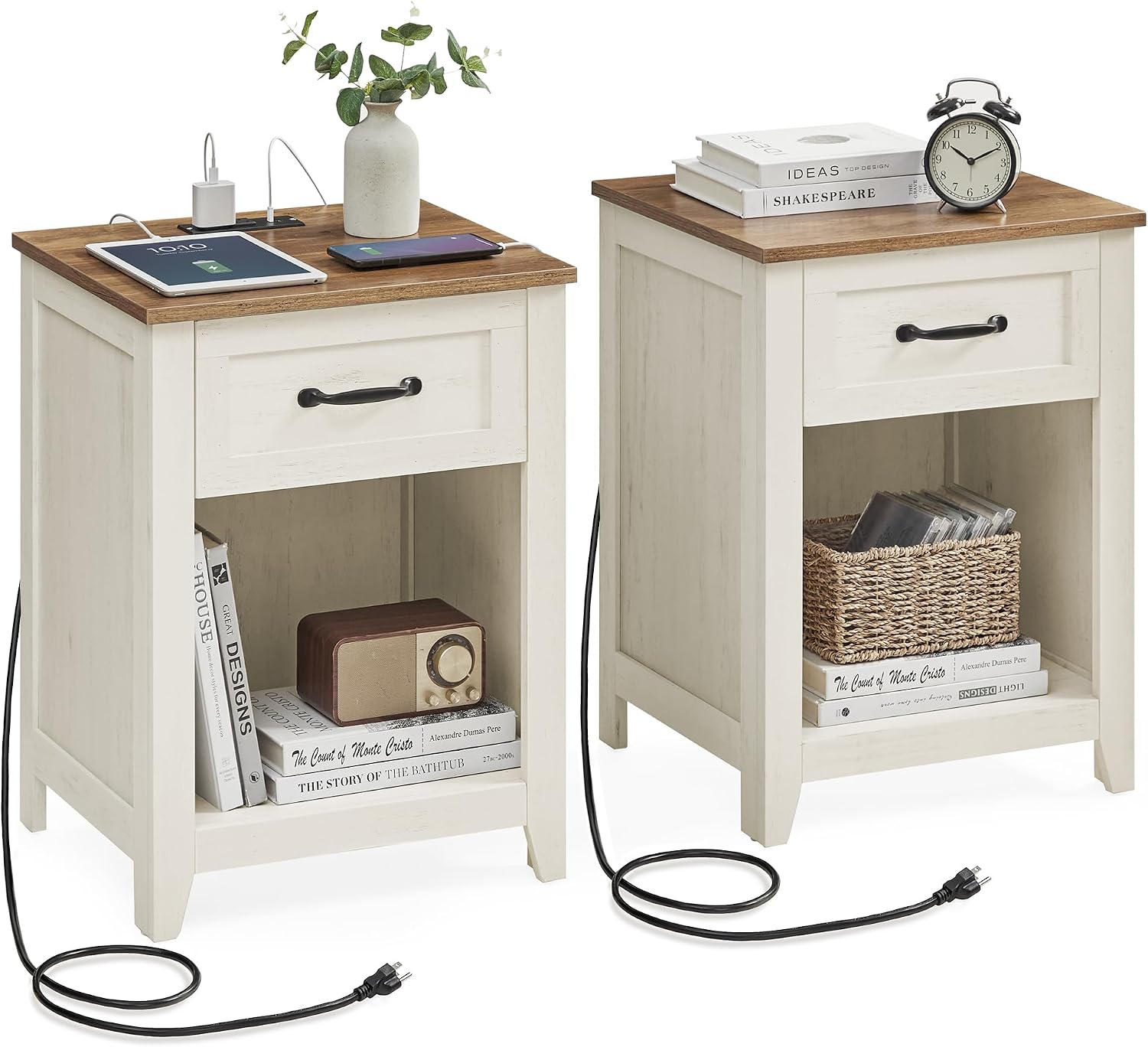 VASAGLE Farmhouse Nightstands with Charging Station, 1 Drawer, Set of 2