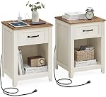 VASAGLE LIRY Collection - Farmhouse Nightstand with Charging Station, Bedside Table, Side Table with Drawer, Open Compartment, for Bedroom, Rustic White and Honey Brown ULET659K41