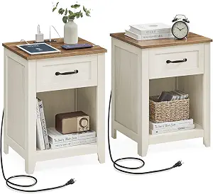 VASAGLE LIRY Collection Farmhouse Nightstands with Charging Station, Set of 2, Rustic White and Honey Brown