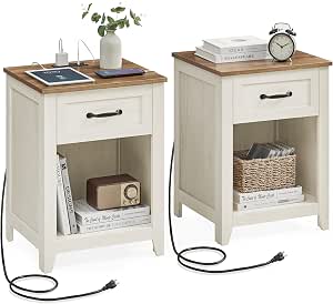 VASAGLE Farmhouse Nightstands with Charging Station, Set of 2, Rustic White and Honey Brown