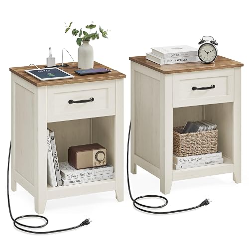 VASAGLE LIRY Collection - Farmhouse Nightstands with Charging Station, Set of 2 Bedside Tables, Side Tables with Drawer, Open Compartment, for Bedroom, Rustic White and Honey Brown ULET859K41