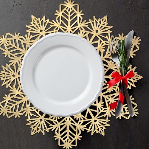 Miniatura 6 de Juego de 6 manteles individuales de copos de nieve dorados, manteles redondos de vinilo para mesa de cocina, mesa de comedor, vacaciones, boda