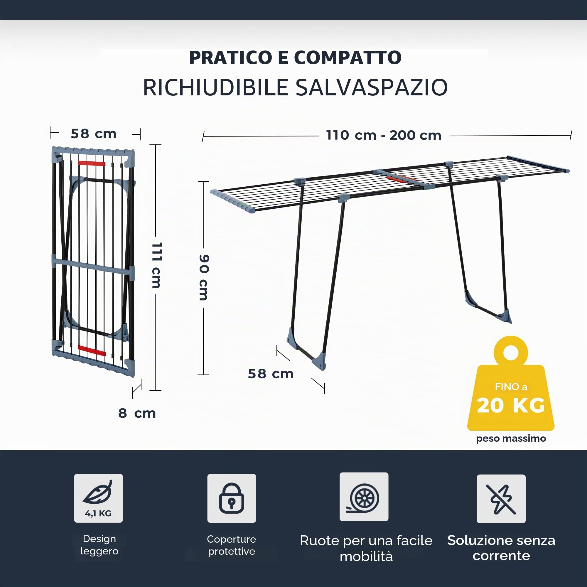 Stendibiancheria estensibile – XXL 20 m² di superficie di asciugatura, asciugatrice salvaspazio [Made in EU], stabile e nero con clip per piccola biancheria
