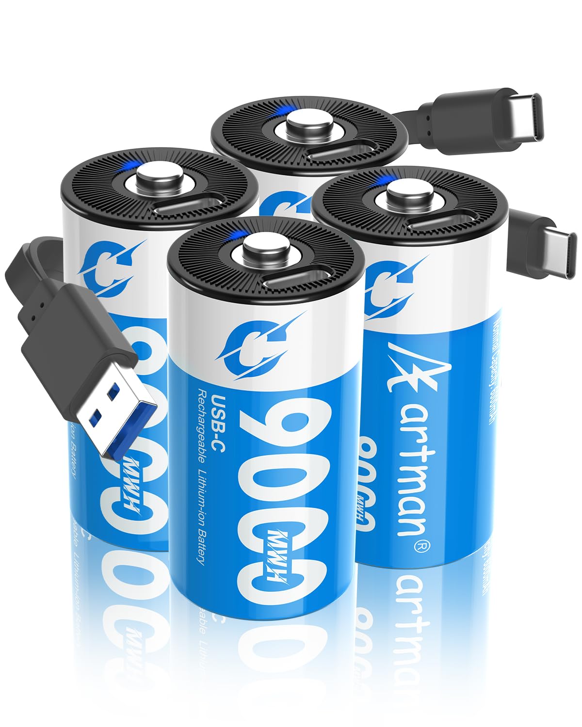 Artman Rechargeable Lithium C Batteries 4 Pack, 1.5V C Cell Batteries with 2 in 1 USB-C Charging Cable, 9000mWh High Capacity Size C Li-ion Battery for Floodlight Toys, Recharge up to 1200+ Cycles