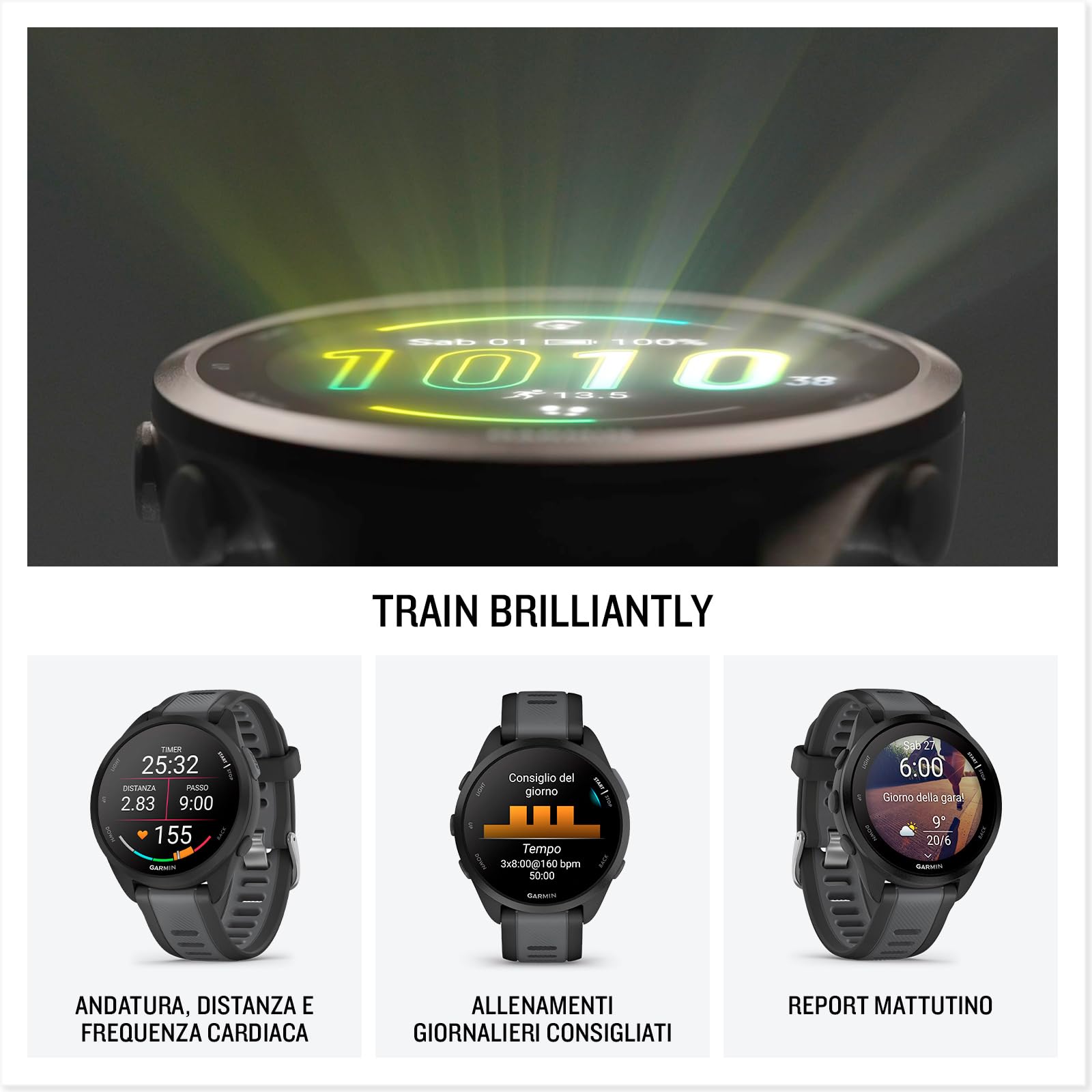 Garmin Forerunner 165, Smartwatch per la corsa, 43mm, GPS, Cardio, VO2max, Report mattutino, HRV Status, Piani gratuiti 5K, 10K e 21K, Training Readiness, Pay (Black & Slate Gray)