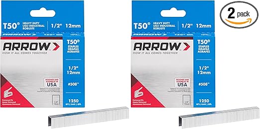 Arrow 508 Heavy Duty T50 1/2-Inch Leg Length, 3/8-Inch Crown, Staples for Upholstery, Construction, Furniture, Crafts, 1250 Count(Pack of 2)