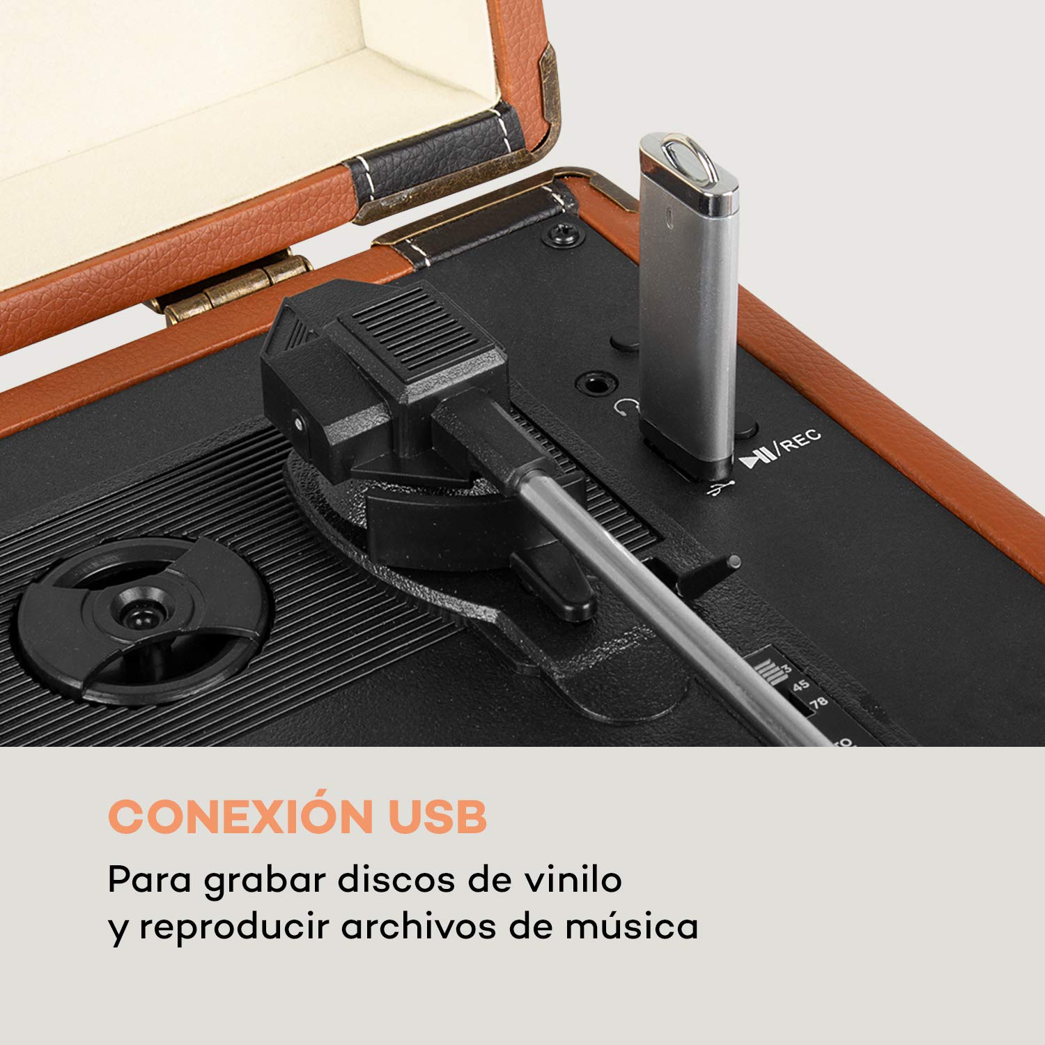 Auna Jerry Lee BT - Tocadiscos Con Bluetooth, Altavoces Estéreo, Grabación y Reproducción, USB, AUX, 33/45/78 RPM, 3 Tamaños de Discos de Vinilo, Marrón Oscuro