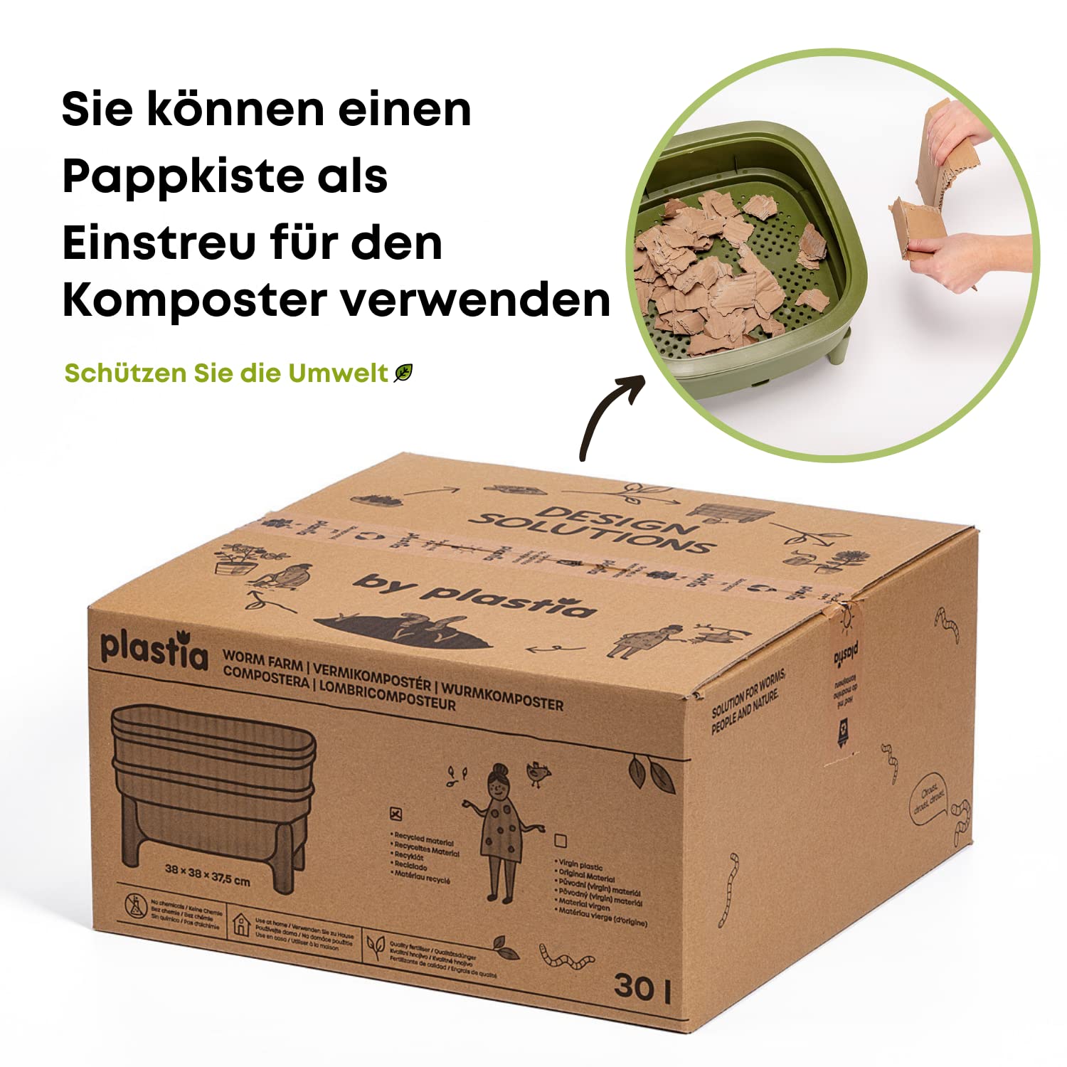 Economy Wurmkomposter für Küche und Balkon - Design Wurmkiste aus 100% Recyceltem Kunststoff - Vermicompost als Wurmfarm mit 2 Schalen - Volumen 30 Liter, grün