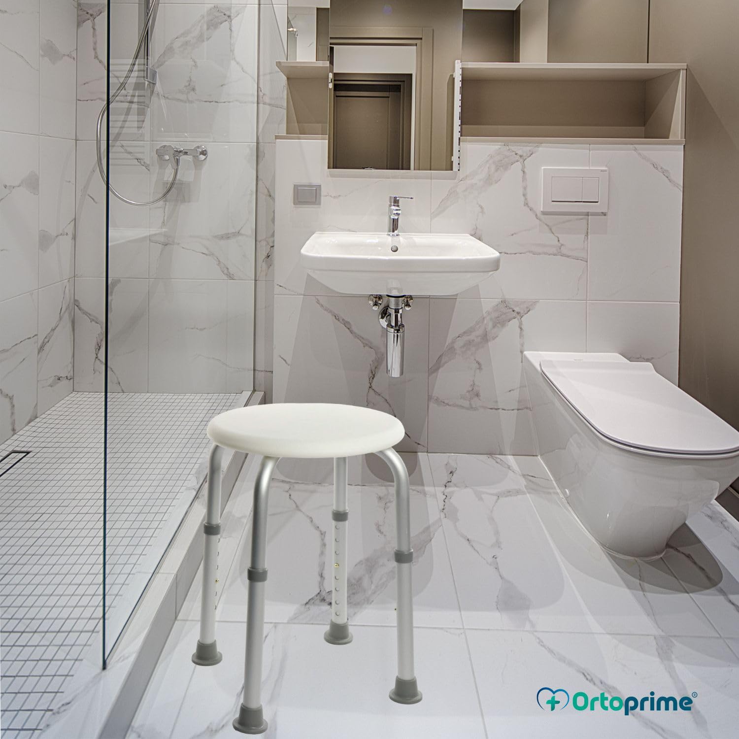 OrtoPrime Taburete de Ducha Redondo - Taburete Baño Antideslizante para discapacitados o Ancianos - Silla Ortopédica para Ducha - Asiento Ducha Adulto - Silla para baño Adulto - Altura Regulable
