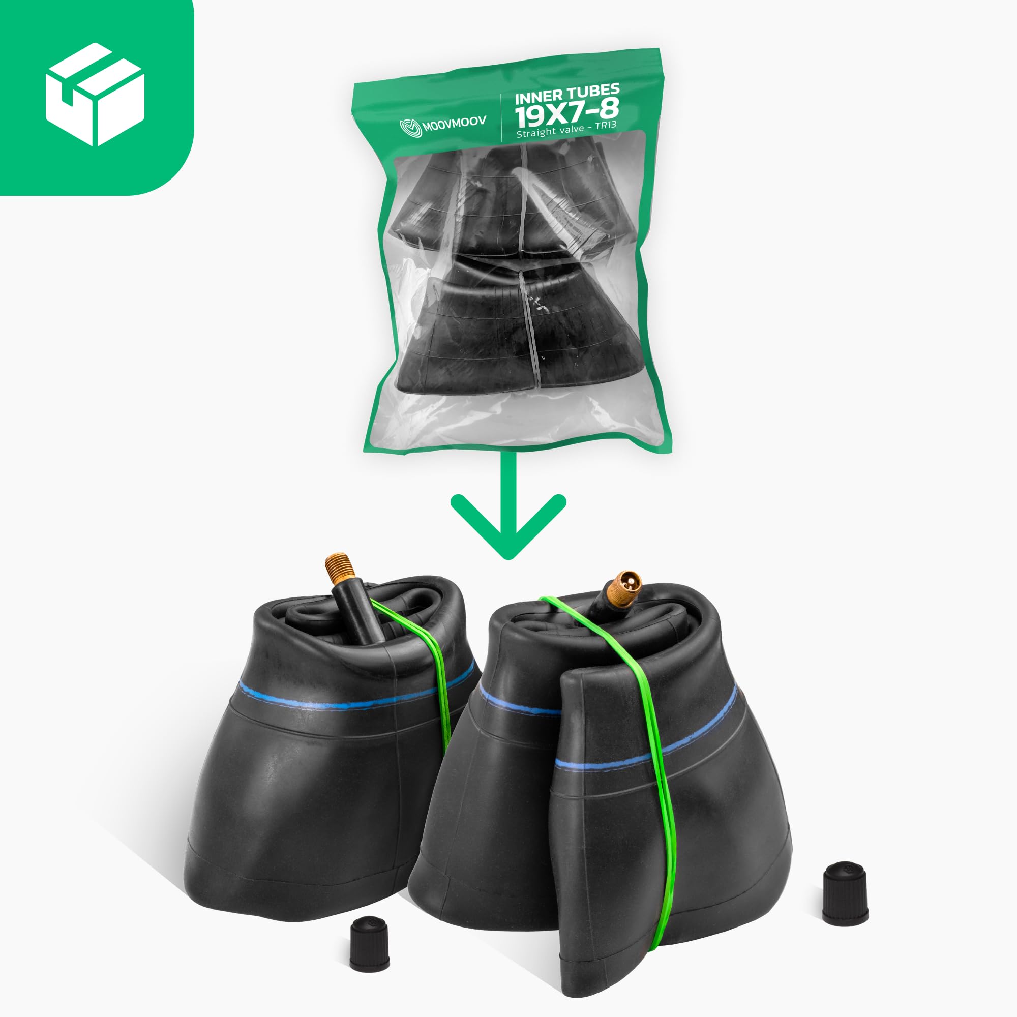 MOOVMOOV 2 Cámaras de aire 19x7-8 | Compatibles con Neumáticos de 18x6.50 a 19x7-8 pulgadas - Tamaño universal Válvula Recta TR13 - Para Cortadoras de Césped, Tractores, Carritos de Golf y Otros - 2