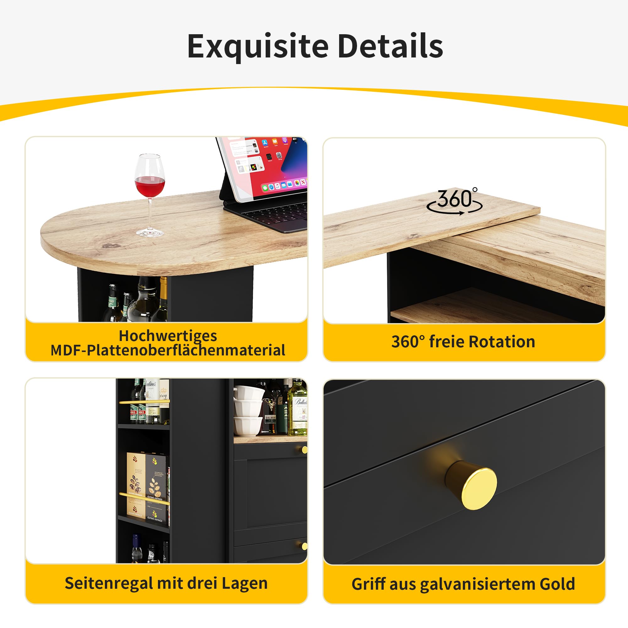 Bartisch Klappbar mit 4 Schubladen, 360° Drehbare Bartisch Küche mit Ablageflächen, Moderner Beweglicher Bar Tisch, Bar Table, Hochtisch, Kücheninsel, (105-138 x 39 x 102 cm), Schwarz
