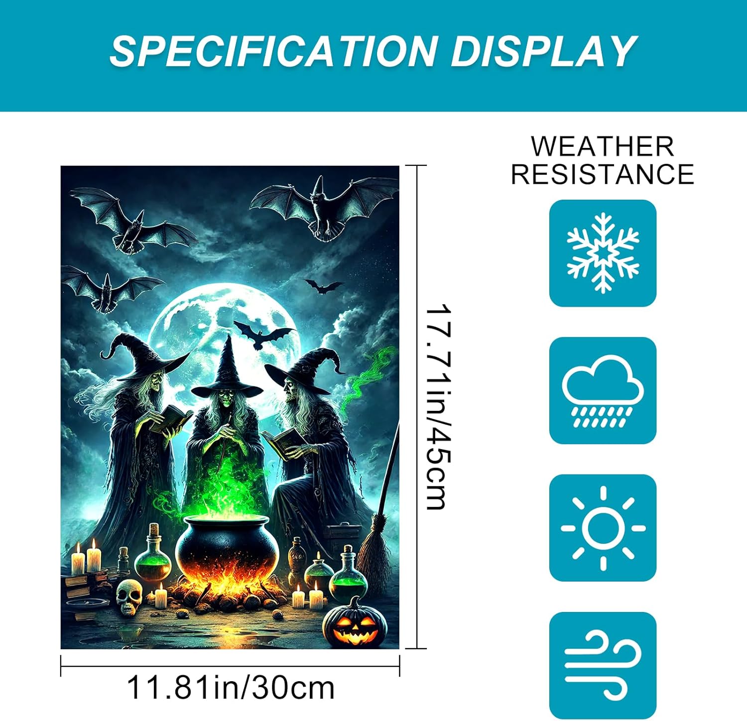 Halloween Witch Garden Flag Spooky Yard Banner Full Moon Bats Cauldron And Three Witches Double Sided 12x18 Outdoor House Flag For Lawn Porch Halloween Decoration Scary Seasonal Yard Sign - Image 3