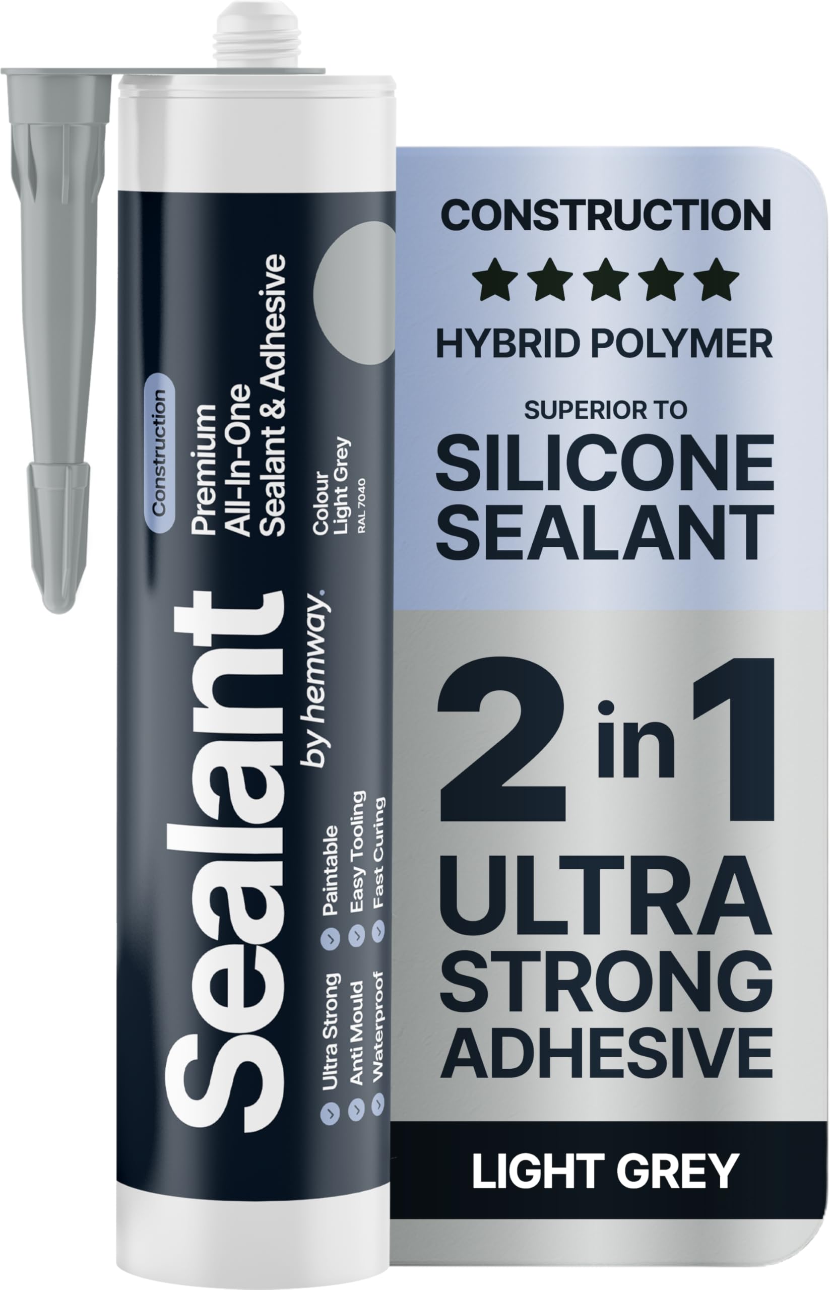 Light Grey Construction Sealant & Adhesive All-In-One Hybrid Polymer | Superior to Silicone Sealant | Waterproof, Odourless, Anti-Mould, Paintable | Kitchen Bathroom Outdoor - 300 ml 1 Pack