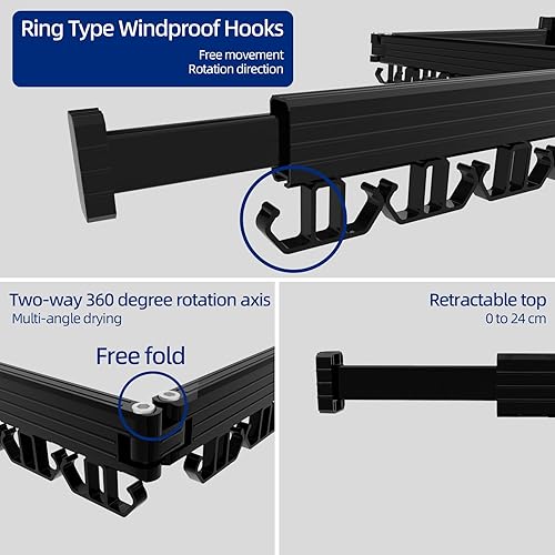 Miniatura 4 de Kelisiting Tendedero de secado de ropa, para montaje en la pared, estante de secado para ropa sucia, 3 caras, plegable, para balcón, lavandería,
