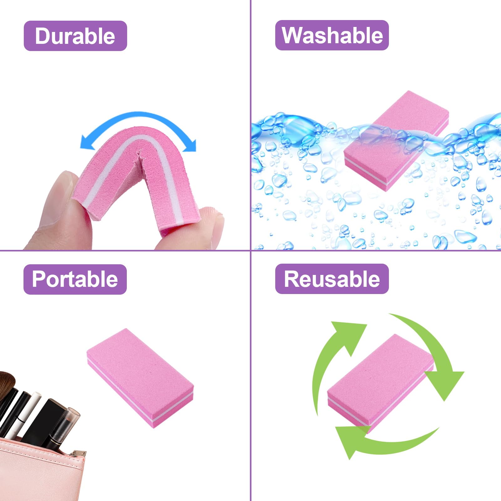 Lot de 60 petits blocs polissoirs à ongles carrés grain 100/180 (rose)