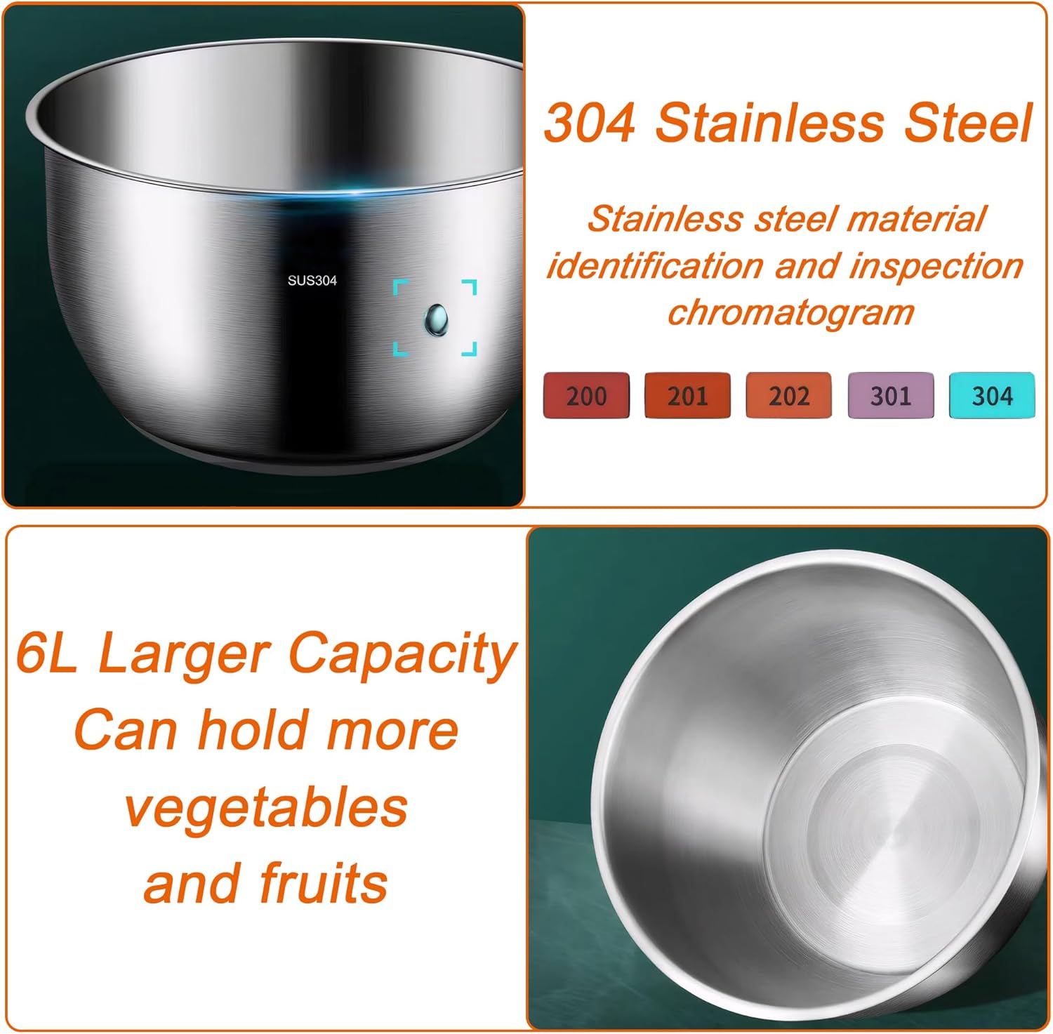 Salad Spinner Large 6L Stainless Steel Lettuce Washer with Washing Basket, Bowl, and Drain - Vegetable, Fruit, Pasta, and Chips Spinner for Home and Kitchen Use