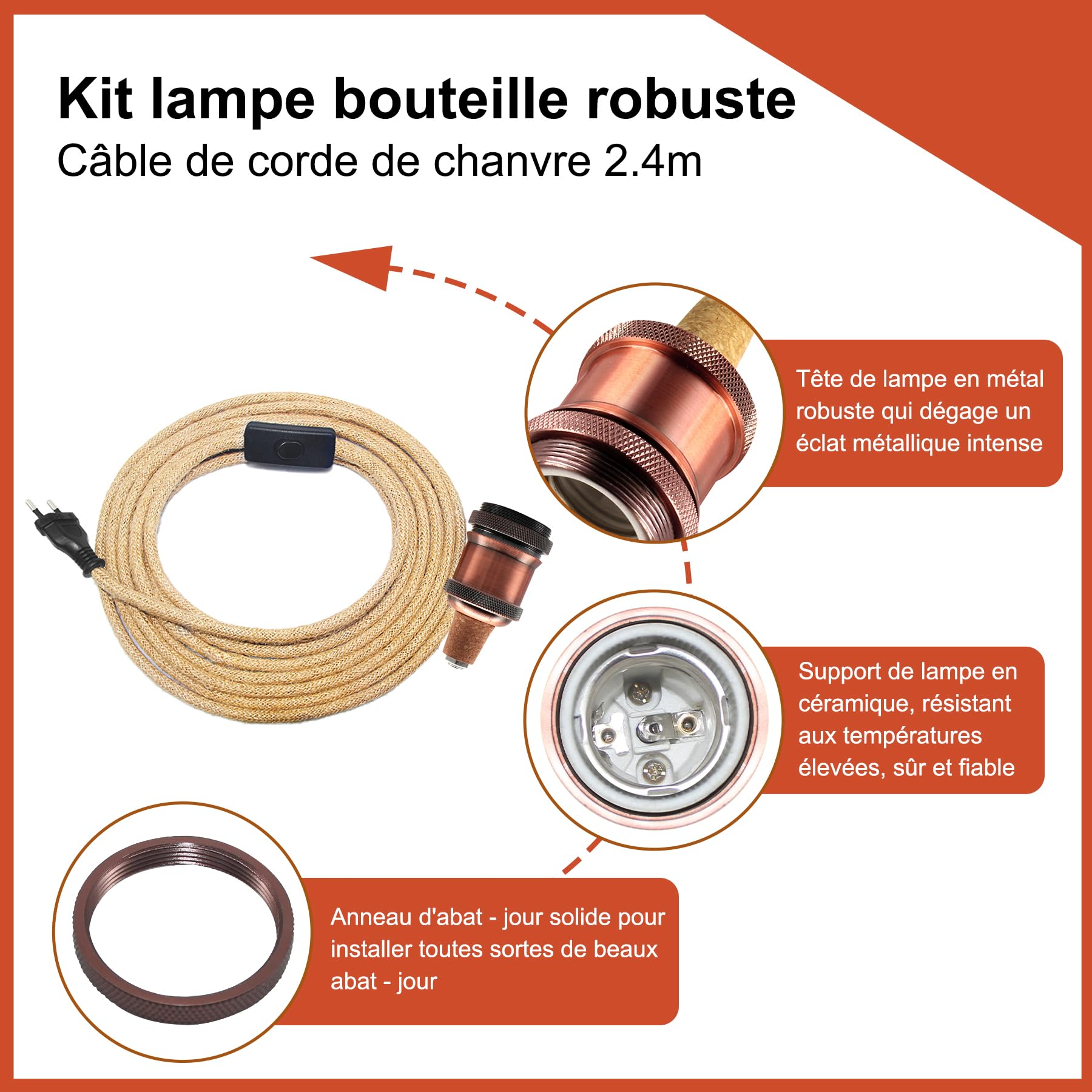 2PCS Kit Lampada Bottiglia, Portalampada E27 con Cavo di Canapa da 240CM, Supporto per Lampada Bottiglia, 3 Tappi Flessibili, Adattatore per Bottiglia per Portalampada, Può Fare da Paralume, Rosso