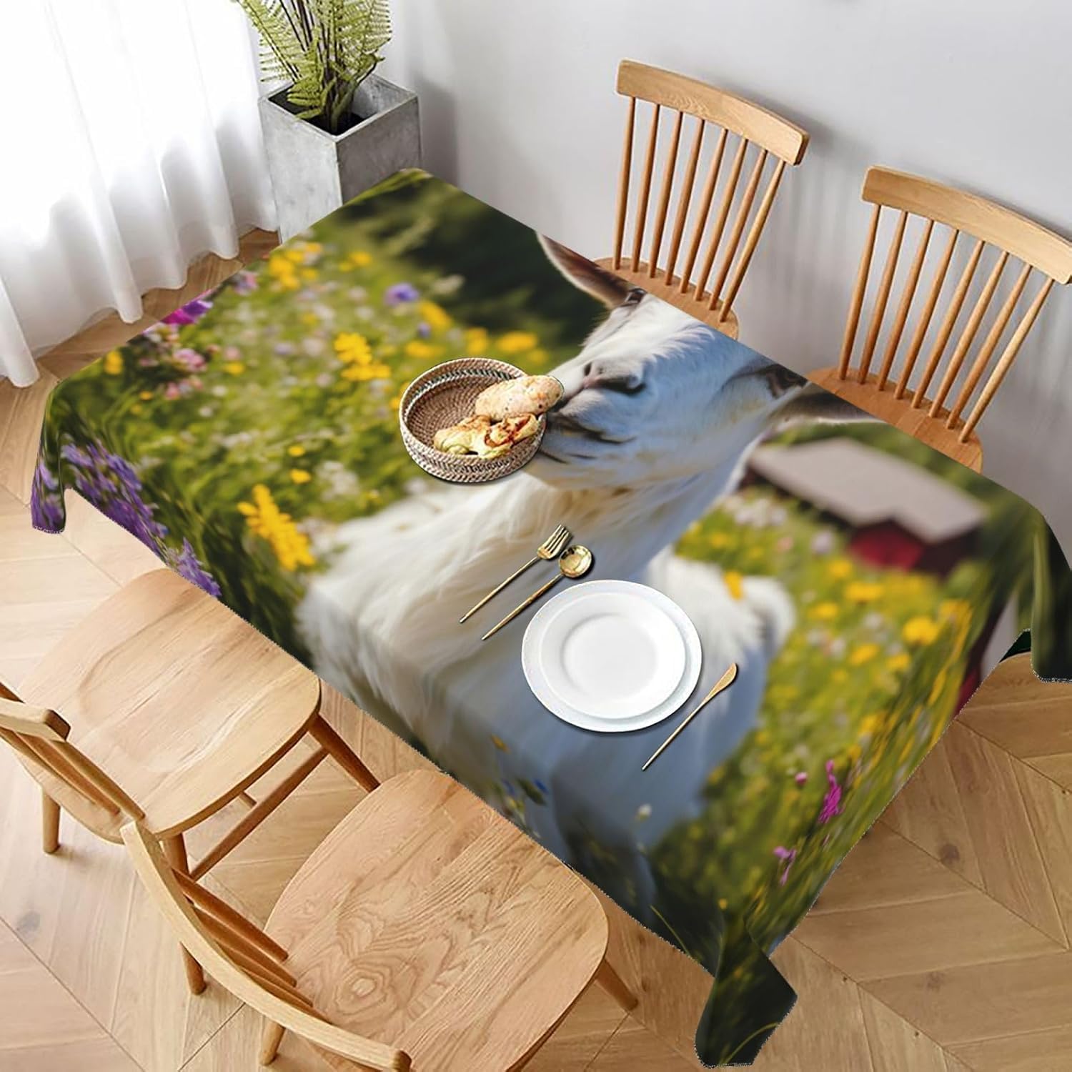 Kwadratowy obrus 160 x 160 cm koza i koza poliestrowa osłona stołu przeciw plamom ochrona stołu 4-6 miejsc, idealny do kuchni i na imprezy 5916v