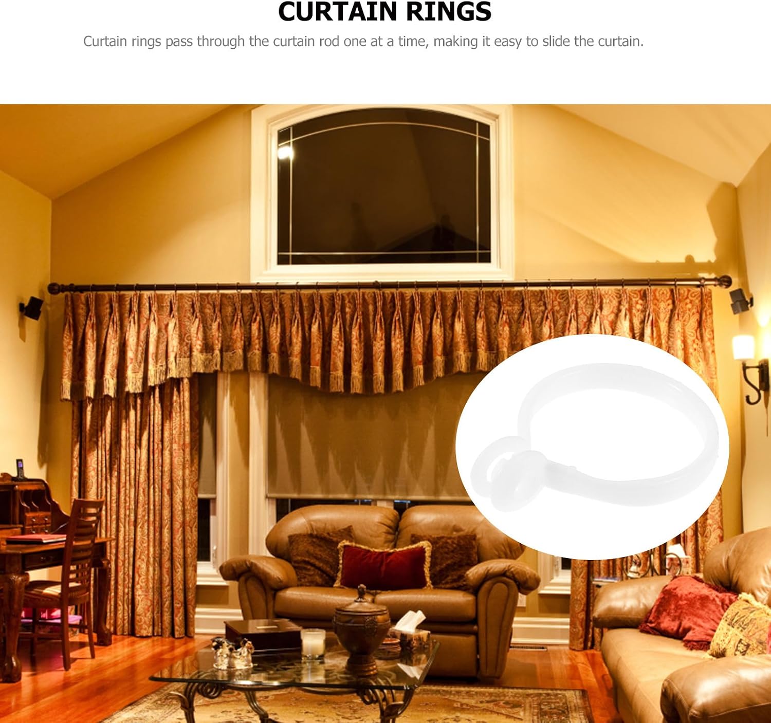 30pcs Plastic Curtain Rings with Hooks for Hanging Curtains White