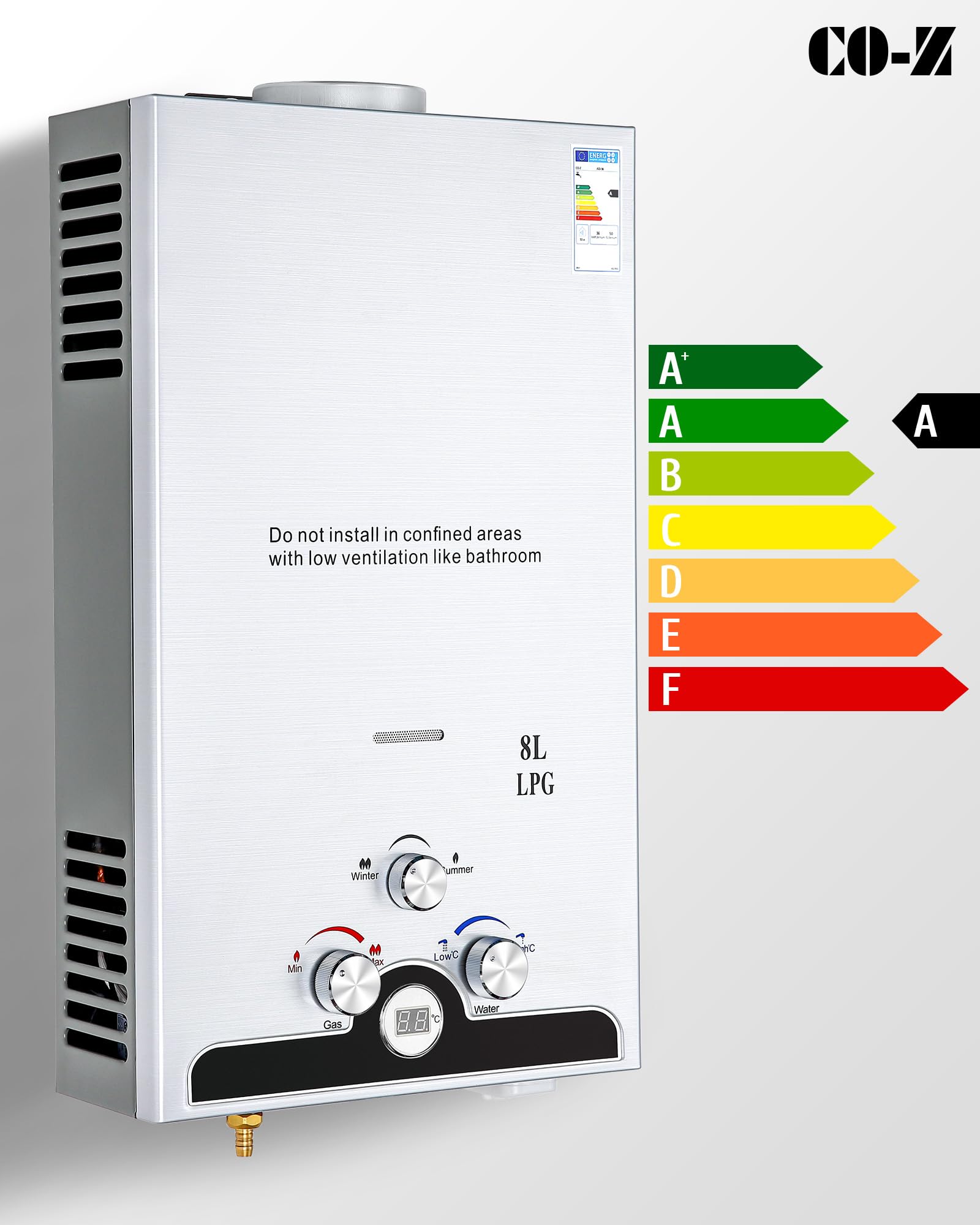 VONLUCE Calentador Gas Butano Instantáneo 5L/min - Certificado CE EN416 - Exterior Acuario Camping - 30-50°C Ajustable Protección Viento Fuerte 8L