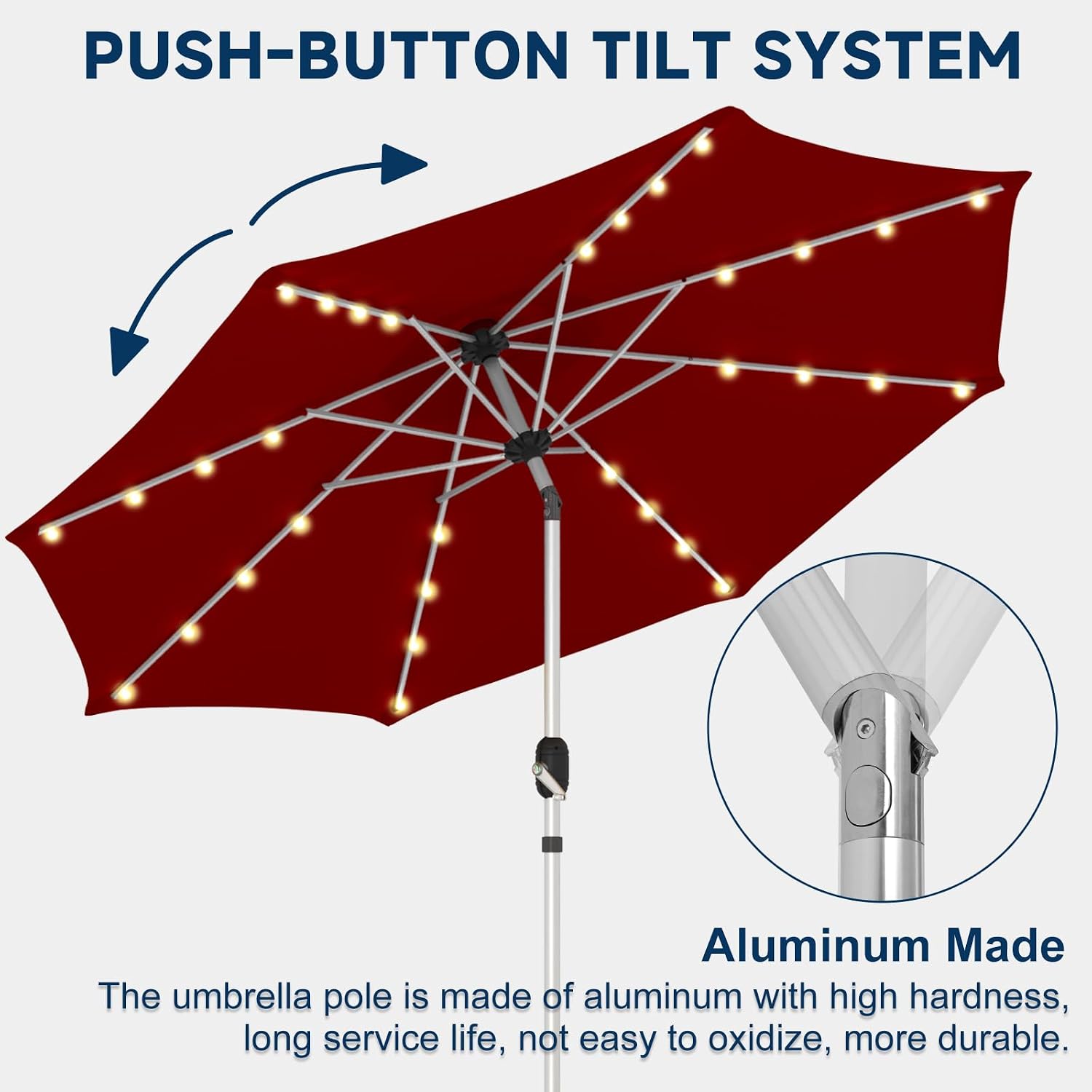 10FT 40-LED Solar Lighted Aluminum Patio Umbrella, Fade-Resistant Outdoor Market Table Umbrella with Push Button Tilt Function, 8 Sturdy All-Aluminum Ribs for Gardens, Decks, Backyards & Pools