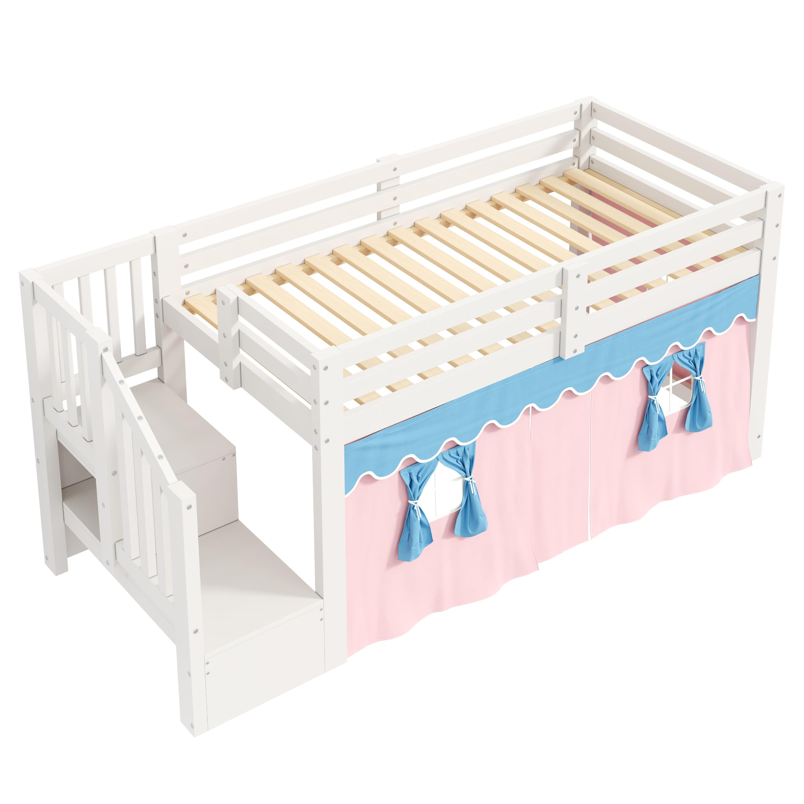 Lit Mezzanine Enfant 90 x 200 cm avec Rideaux Occultants Rose et Bleu, Lit Mi-Hauteur avec Rangement, Éclairage LED Multicolore, Bois Massif Pin & MDF, Blanc