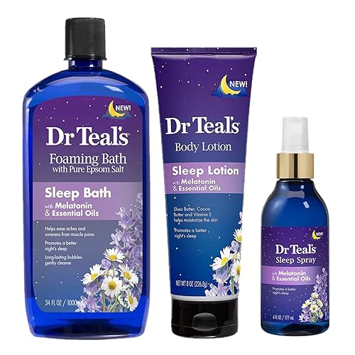 Dr Teals - Juego de regalo de baño de melatonina para dormir (baño espumoso (34 onzas), loción corporal (8 onzas) y spray para dormir (6 onzas),