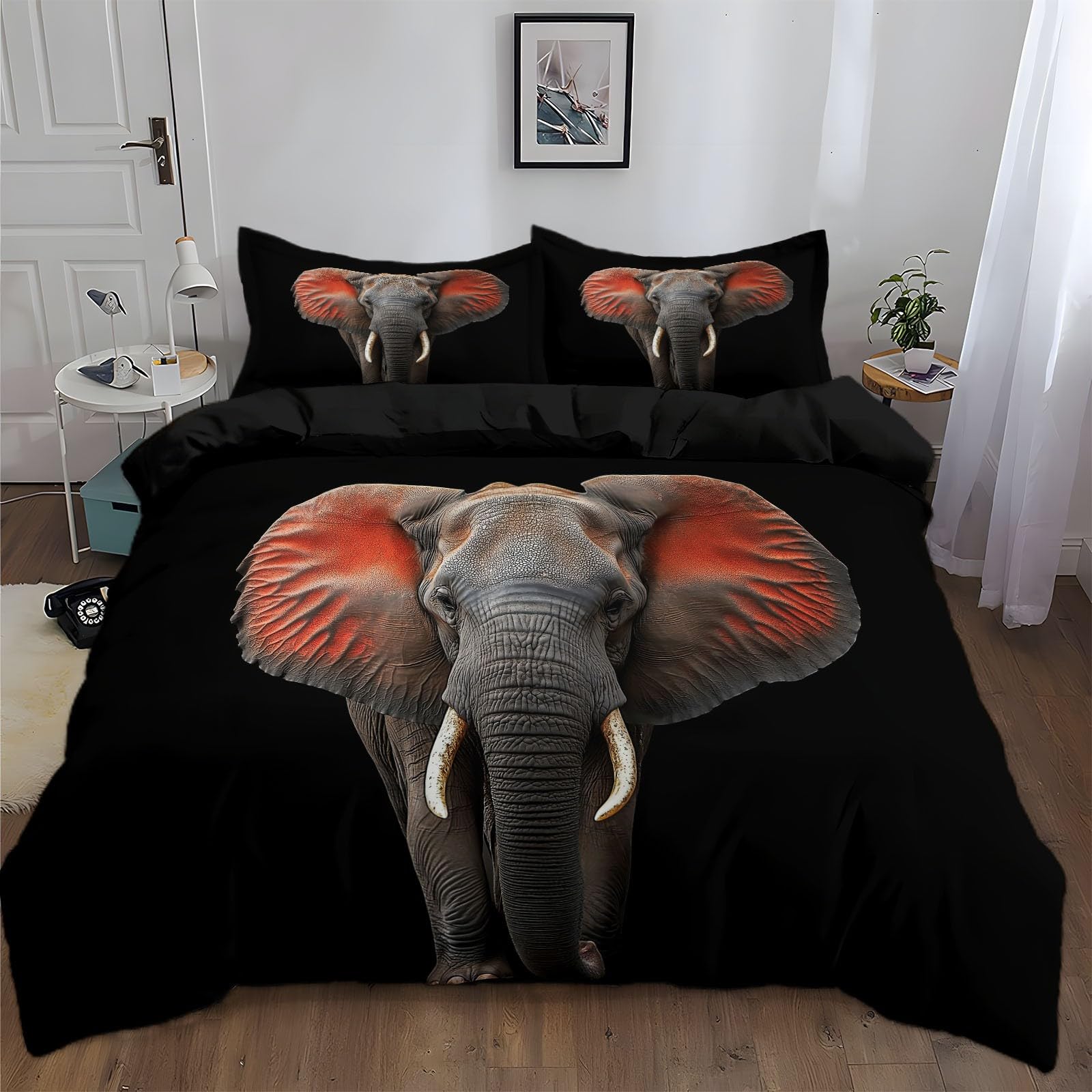 Duvet Cover King Size Black Animal Elephants Reversible 3 Pieces Duvet Cover Set, Bedding Set for All Season, Soft and Breathable Bedding Set with Zipper Closure