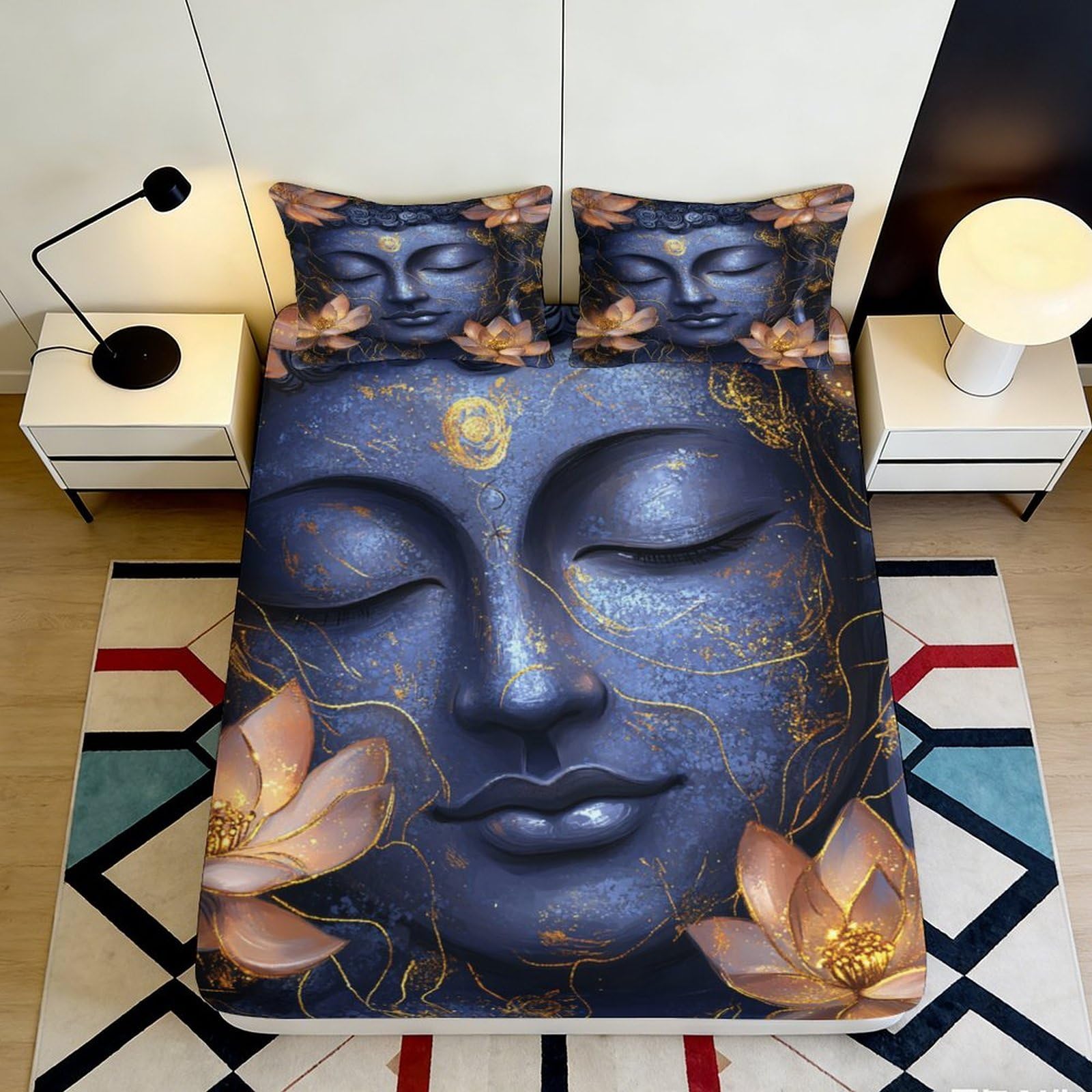 Jqzkxnhpbr Style-1 3D Printed Buddha Meditation Fitted Sheet Microfiber Soft Breathable Lotus Mattress Cover For Bedroom Decor 90X200x25cm