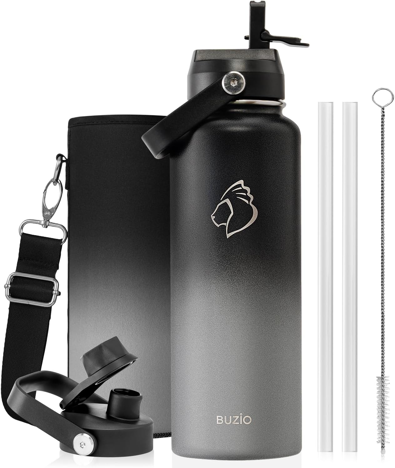 BUZIO Triple Wall Vacuum Water Bottle with Dust-Proof Straw & Spout Lids