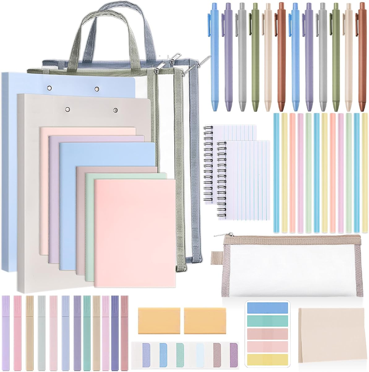 Colarr 54 Pcs Aesthetic College School Supplies Back to School Set,Morandi | 3 A5 + 3 B5 Lined Notebook, 12 Gel Pen, 12 Pencil, 12 Highlighter, Sticky Tabs, Folder Storage Bag, Journal Stationery Set
