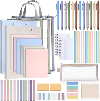 Colarr 54 Pcs Aesthetic College School Supplies Back to School Set,Morandi | 3 A5 + 3 B5 Lined Notebook, 12 Gel Pen, 12 Pencil, 12 Highlighter, Sticky Tabs, Folder Storage Bag, Journal Stationery Set