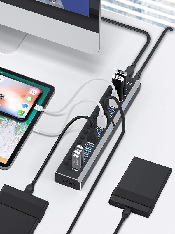 RSHTECH 16 portos USB 3.0 hub aktív tápellátással, alumínium, 100W, professzionális