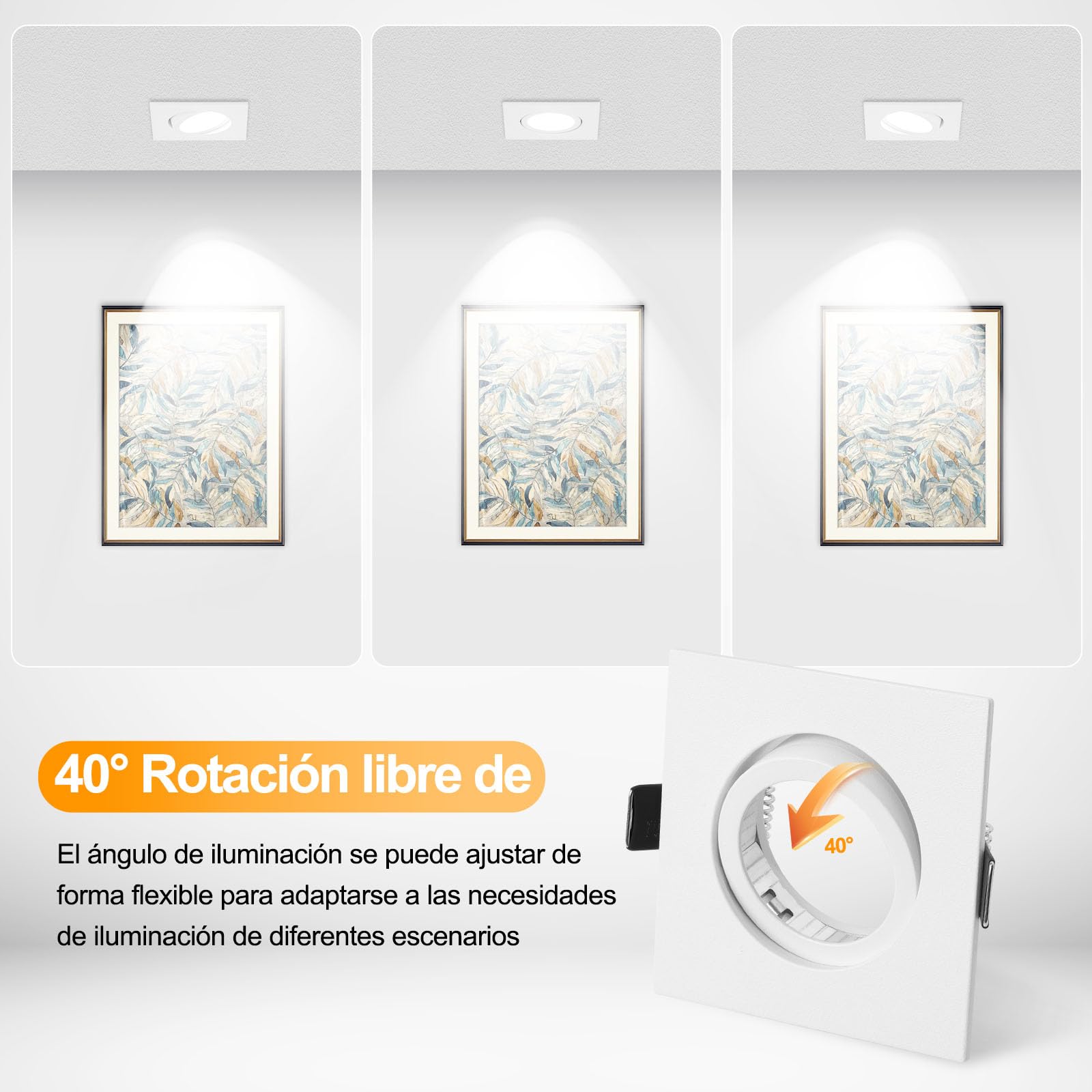 KYOTECH Juego de 6 focos empotrables con marco GU10, color blanco, orientable, cuadrado, incluye portalámparas GU10 para bombillas halógenas, módulo LED MR16