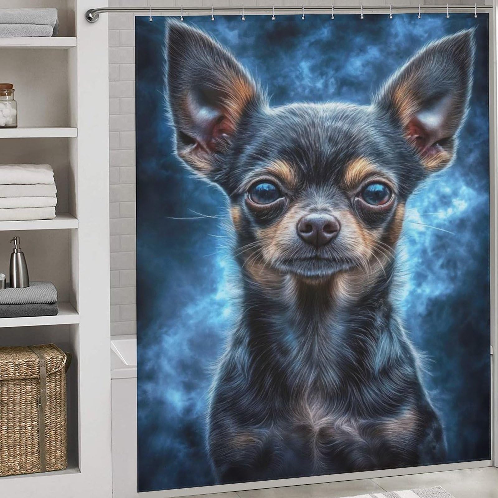 Rideau de douche chihuahua pour éviter les éclaboussures au sol avec humour