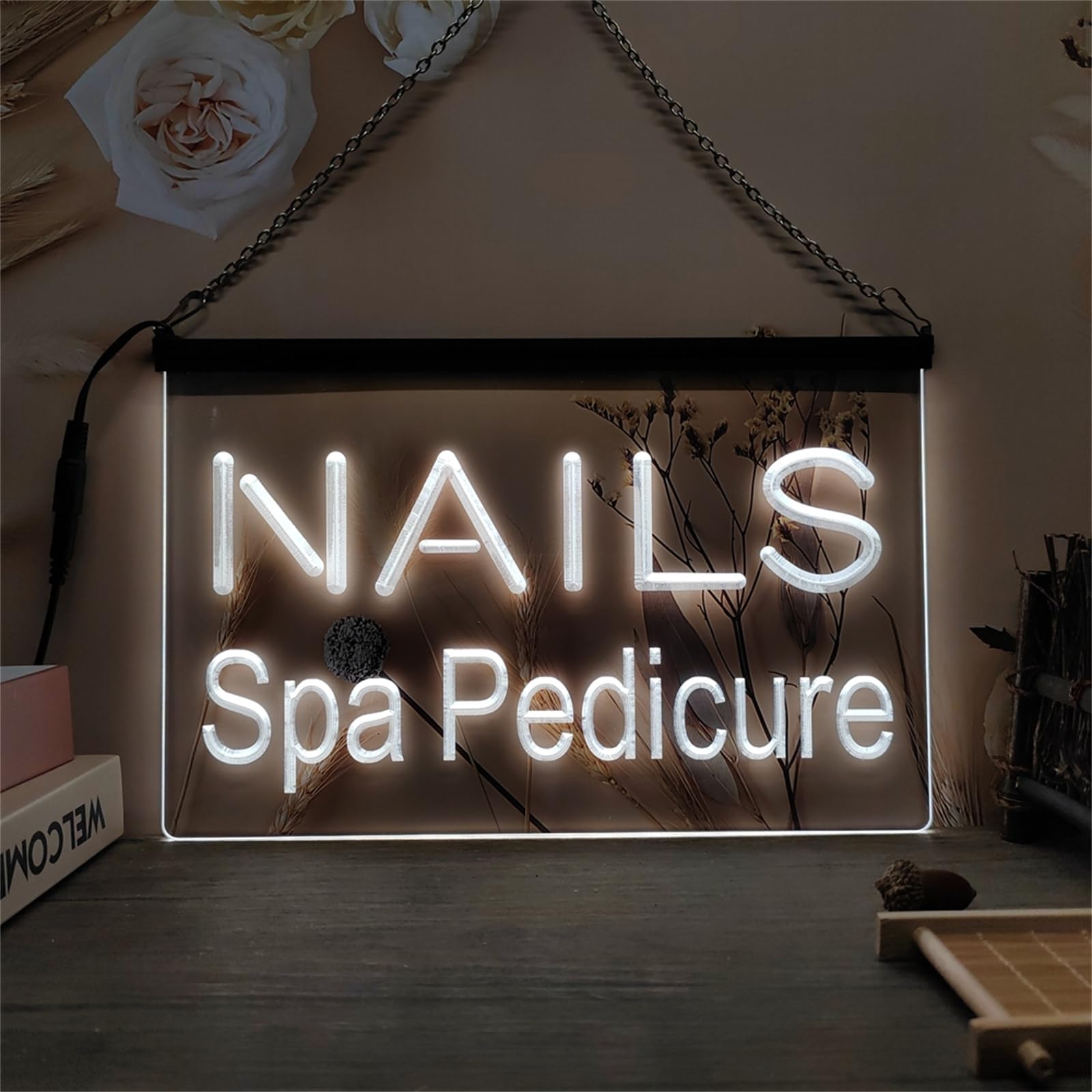 KEYQEEN Nails Spa Pedicure LED Neon Sign, Beauty Salon 3D Carving Neon Lights for Business Room Wall Decor USB Luminous Signs,White,60x40cm
