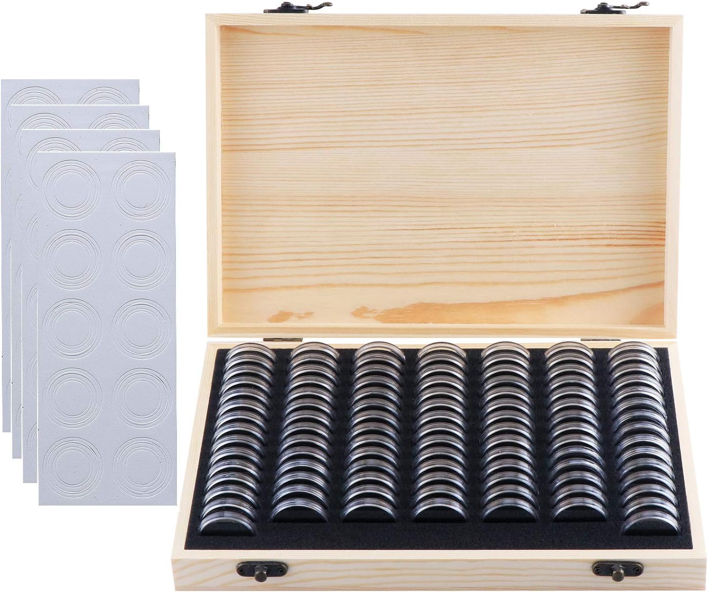 Litensh 100PCS Coin Holder Wooden Coin Collection Box with Round Coin Capsules Plastic Coin Organizer Coin Storage Case for Coin Collectors 18mm/21mm/25mm/27mm/30mm