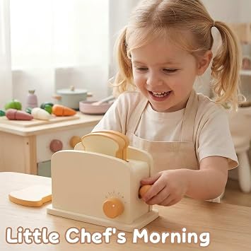 Wooden Pop up Toaster Play Kitchen Set,Pretend Play Food for Kids