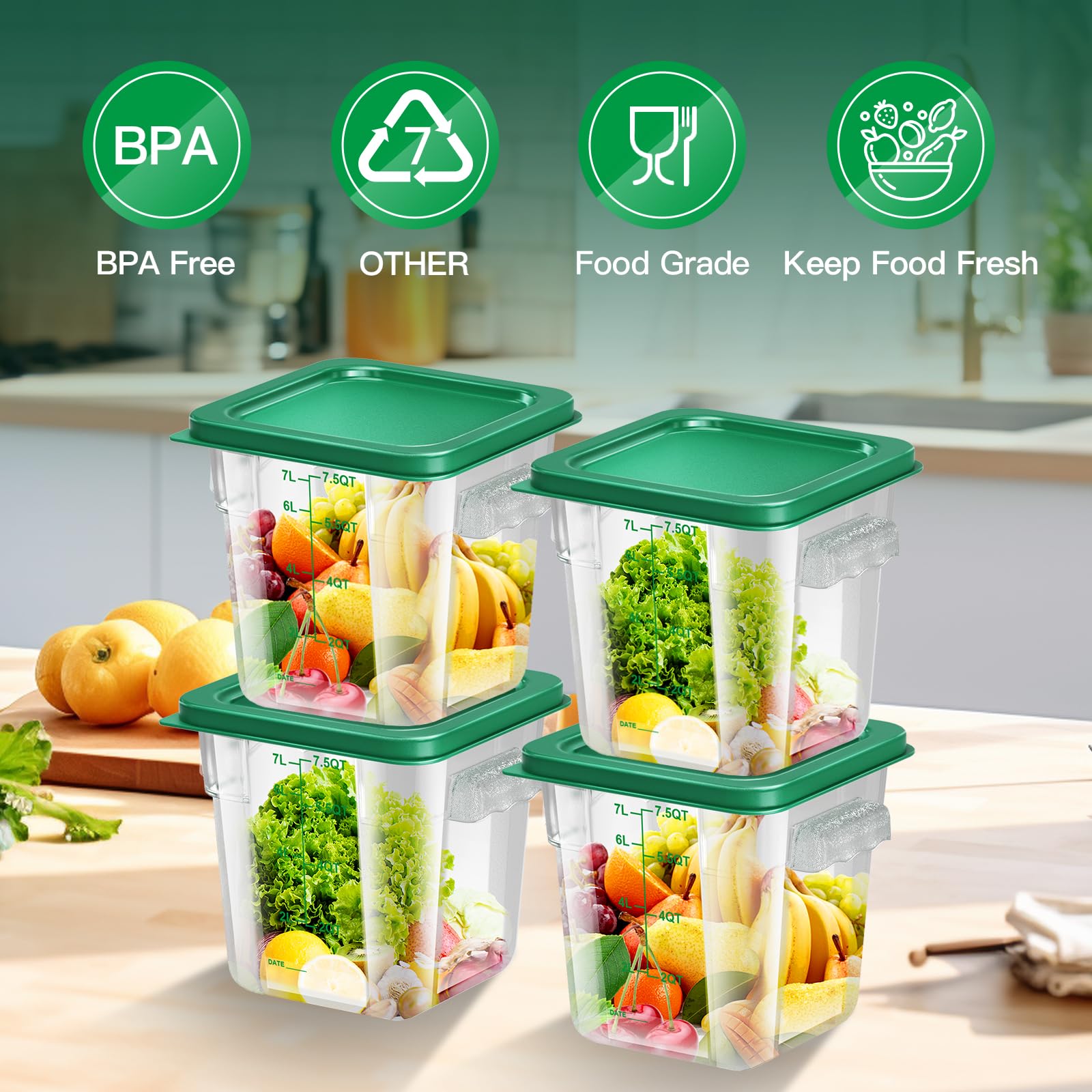 4 recipientes de almacenamiento de alimentos de 8 cuartos con tapa, recipientes cuadrados transparentes de almacenamiento comercial con asa y báscula para almacenamiento de alimentos en el
