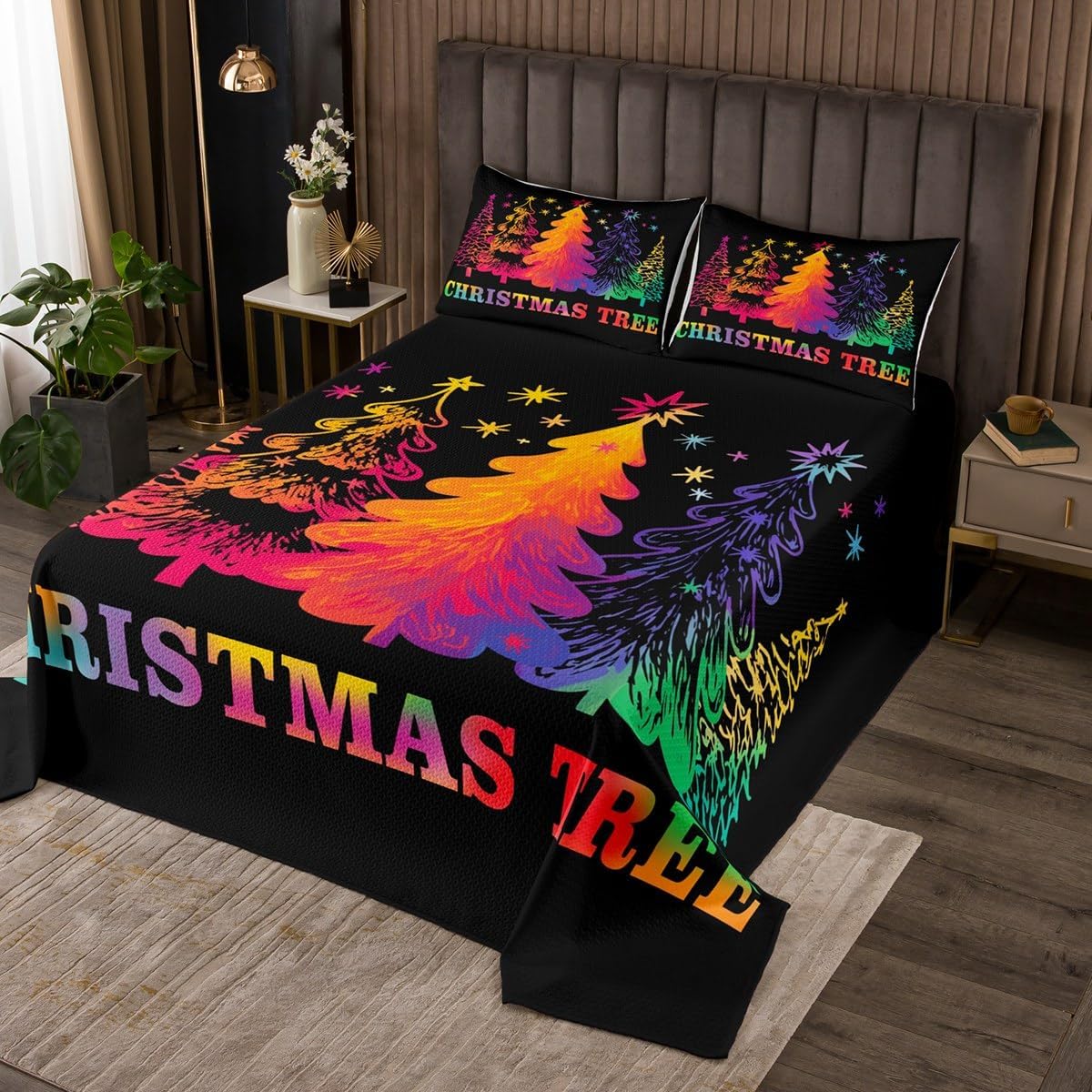 jejeloiu Kids Christmas Tree Bedspread Queen Size Xmas Truck Coverlet Set for Boys Girls Pink Quilted Coverlet Microfiber with 2 Pillow Cases