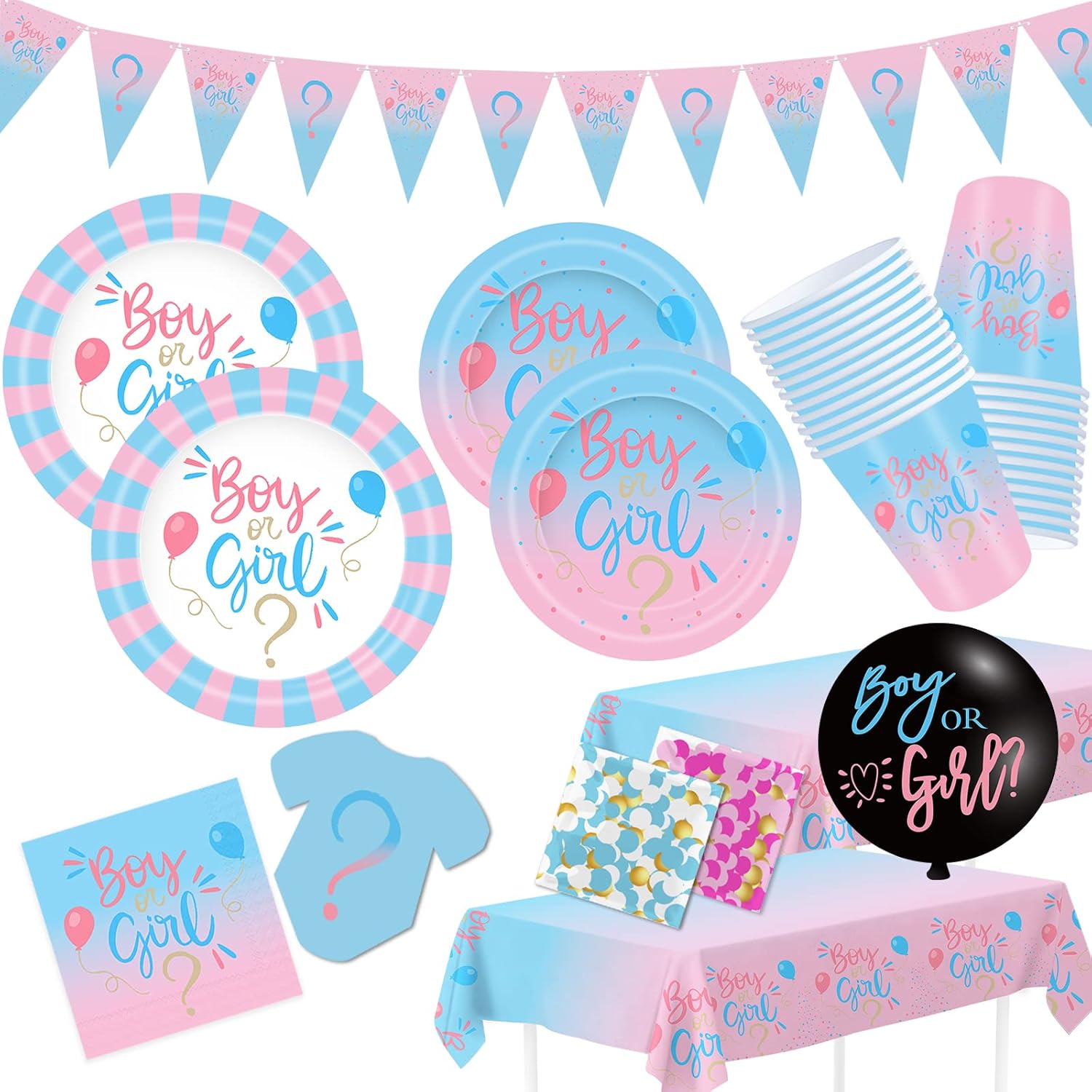 Gender Reveal Decorations, Baby Shower Party Supplies 124 Pieces Paper Plates, Cups, Napkins, Tablecloths, Black Balloon, Banner, Tableware Set Disposable Dinneware