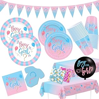 Gender Reveal Decorations, Baby Shower Party Supplies 124 Pieces Paper Plates, Cups, Napkins, Tablecloths, Black Balloon, Banner, Tableware Set Disposable Dinneware