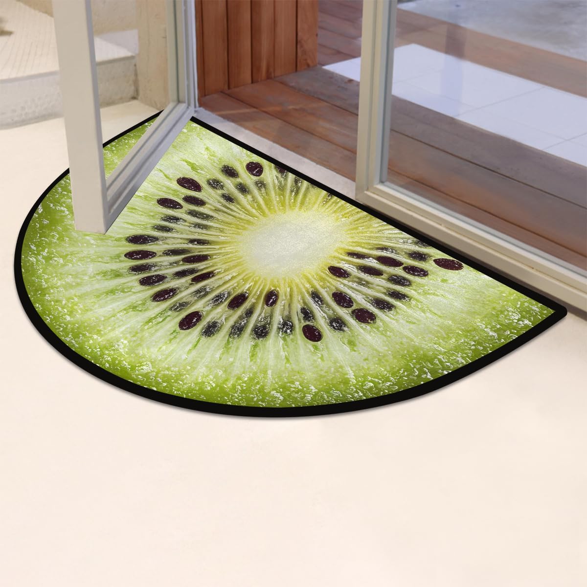 Green Kiwi Fruit Slice Half Round Door Mat Indoor Entrance Low Pile Non Slip Absorbent Semi Circle Welcome Mats Doormats 36x24 in Floor Mats for Home Kitchen
