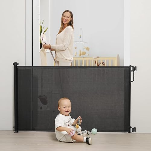 Miniatura 8 de Momcozy Puerta retráctil de malla para bebés o perros, puerta de seguridad infantil para interiores o exteriores, 33 pulgadas de alto con extensión