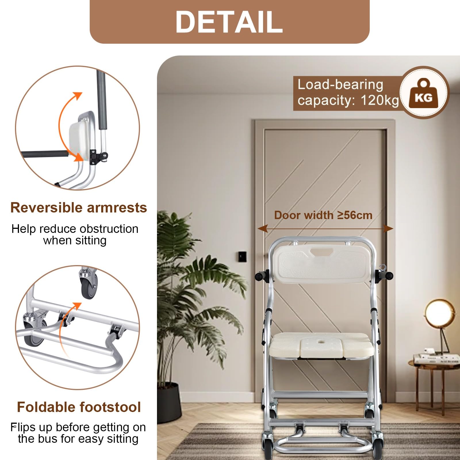 Silla Ducha con Ruedas Plegable, Silla Baño Ancianos Ducha | Silla de Ruedas WC para Personas con Movilidad Limitada, Aleación de Aluminio, Fuerte y Resistente, Fácil de Limpiar