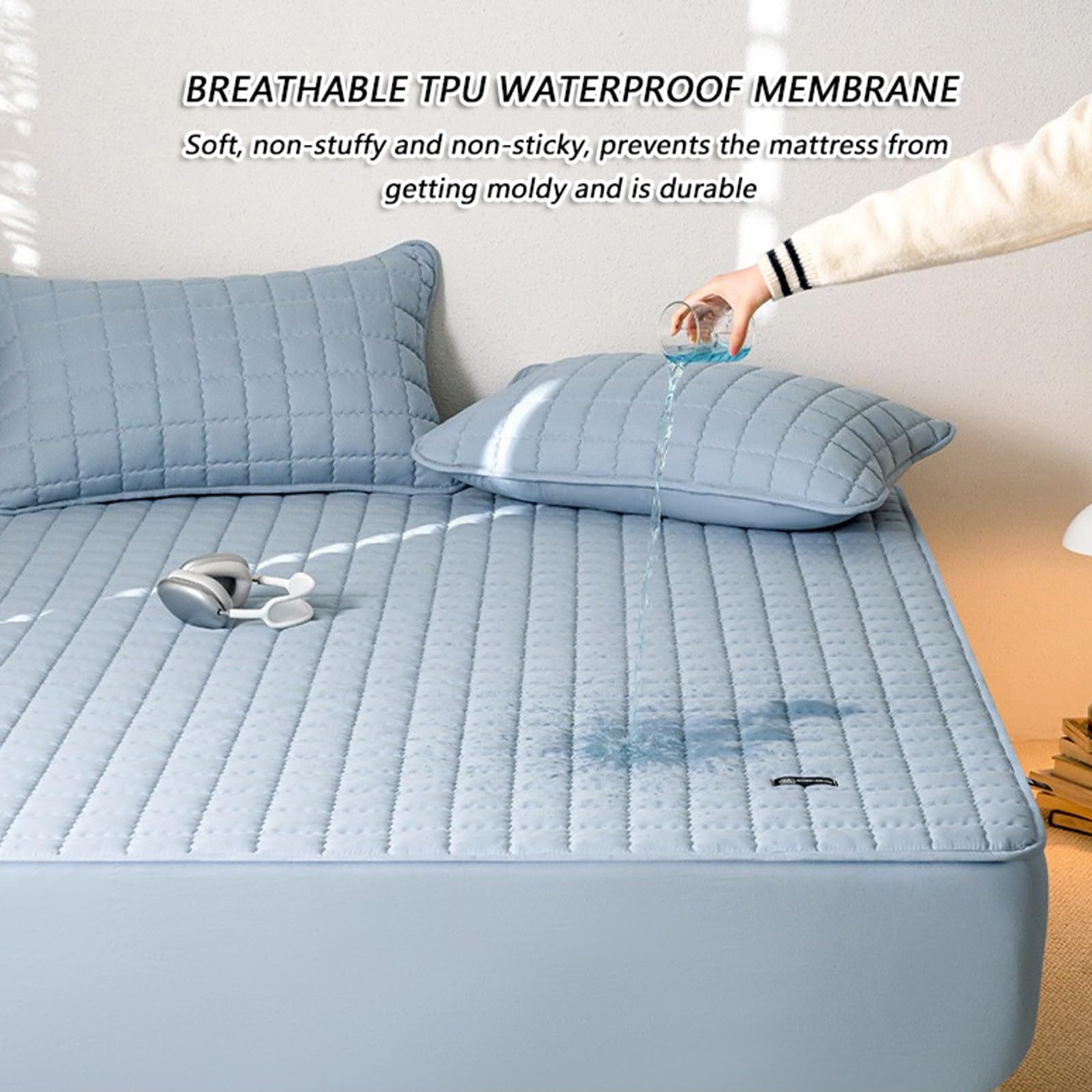 Wasserdichter Matratzenschoner,Atmungsaktiver Spannbettlaken-Matratzenschoner,Weicher Kühlender Geräuschloser Bettpolsterbezug,Matratzenbezug mit tiefen Taschen(Gray,180x220cm)