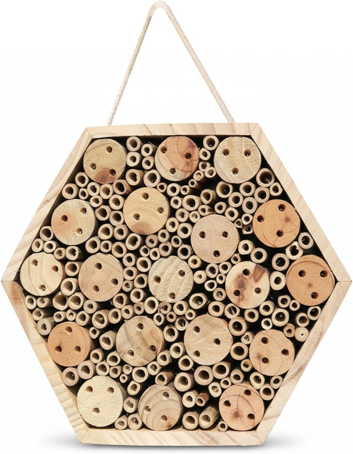 Bug Hotel Hexagon Wooden Bee House for Garden Natural Hotel with Hanging Rope, Mason Bee House for Outdoor to Attract Pollinators, Bug Garden Decoration
