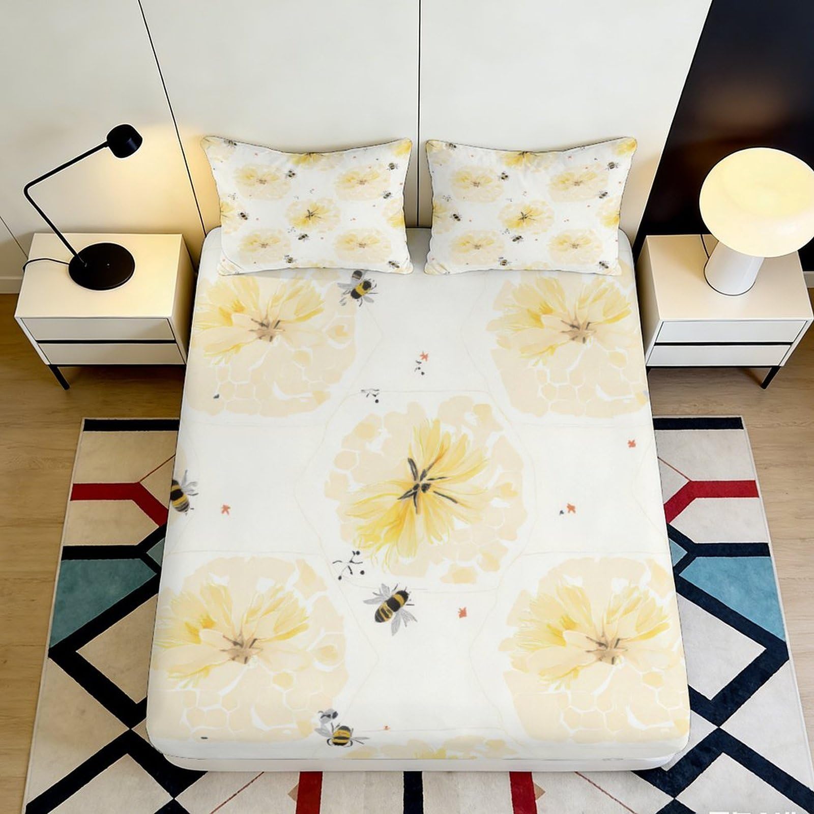 3D Printed Yellow Flower Bee Fitted Sheet Microfiber Soft Decorative Mattress Cover for Bedroom Guest Room 90x200x25cm