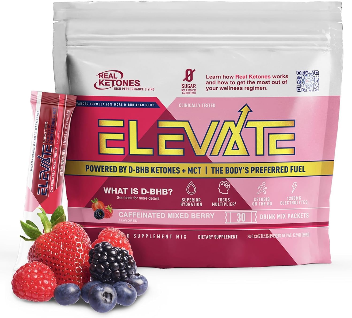 Real KetonesMCT & BHB Exogenous Ketones Drink Mix Packets Elevate Keto Electrolytes Powder Packets No Sugar with 4 Main Electrolytes Plus Hydrating Proprietary Keto BHB (30 Pack, Mixed Berry)