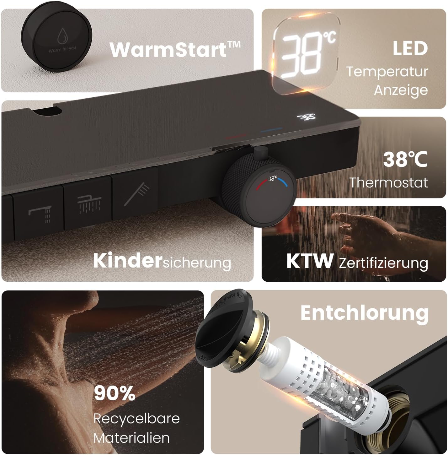 Key features of EMKE Shower System: WarmStart, LED Temperature Display, 38C Thermostat, Child Lock, KTW Certification, Dechlorination, 90% Recyclable Materials